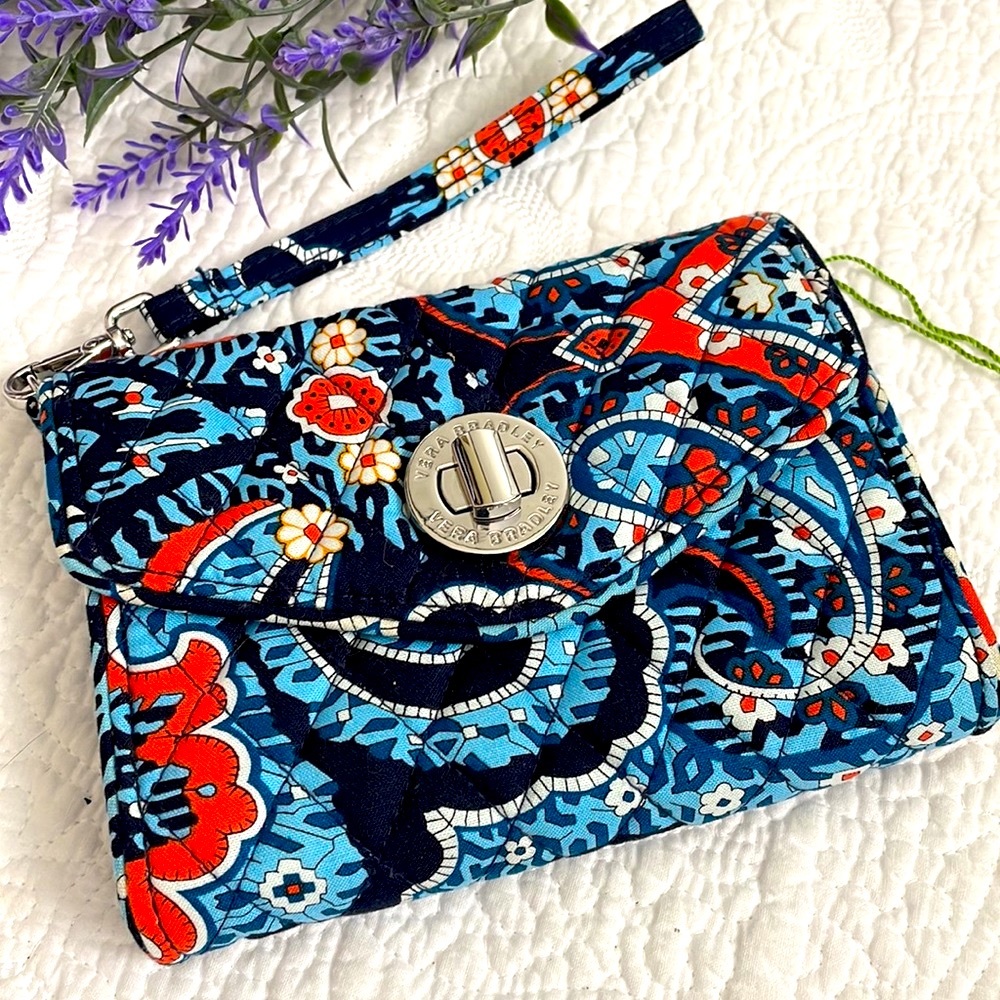 VERA BRADLEY WALLET CLUTCH WRISTLET DETACHABLE WRIST STRAP NAVY ORANGE WHITE